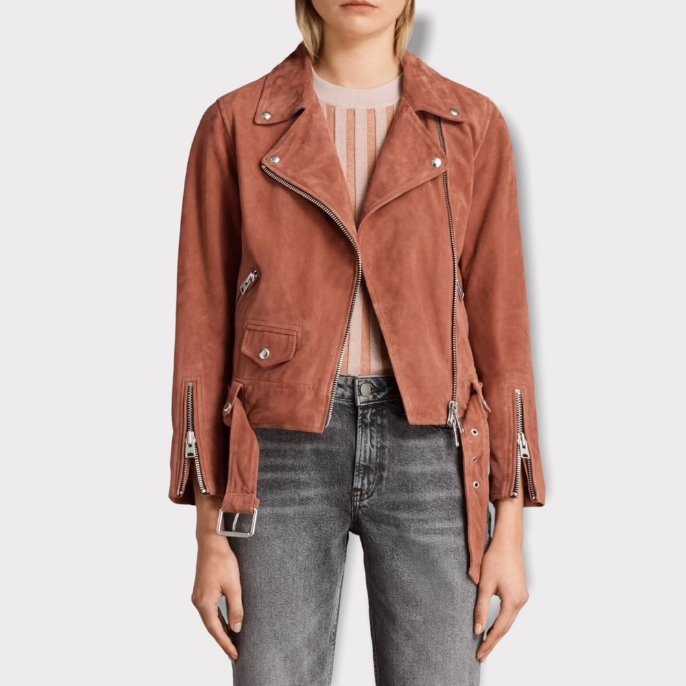 ALLSAINTS Cole Rose Pink Suede Leather‎ Biker Jacket
